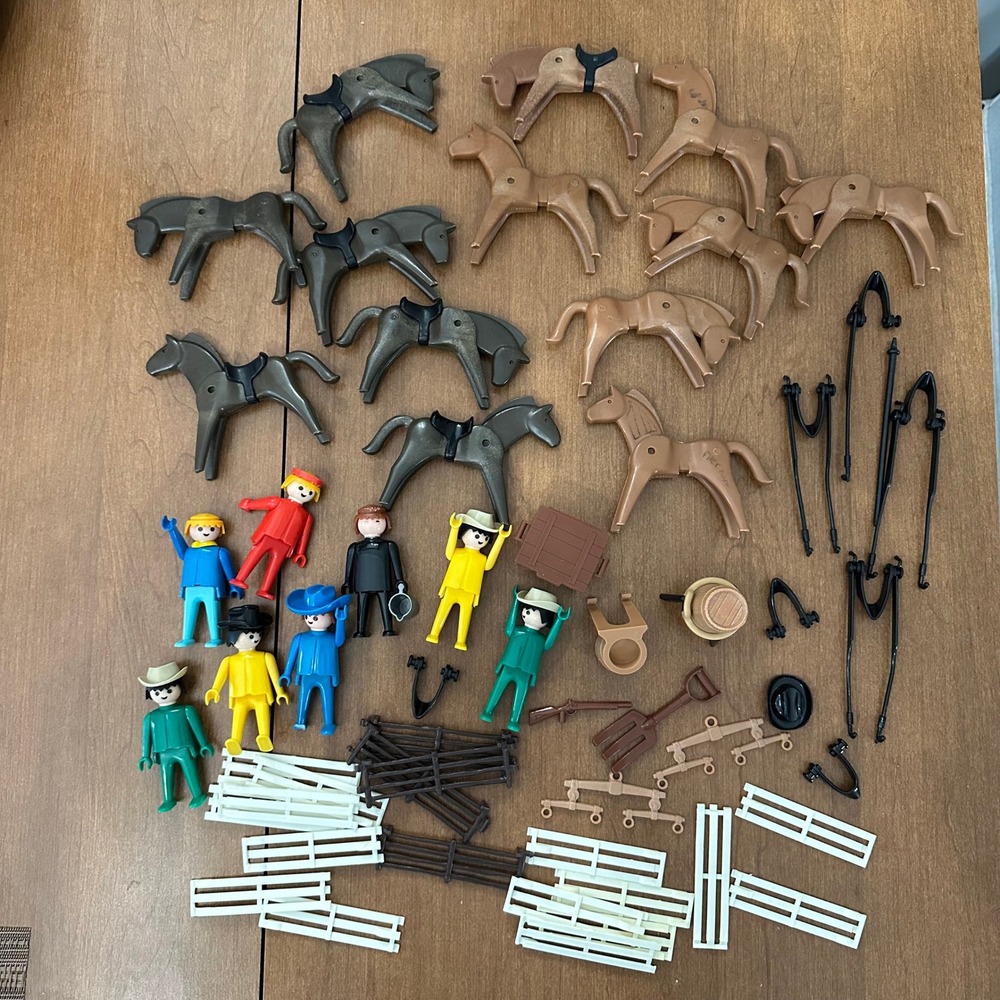 Vintage Playmobil Geobra 1974 Western Horse Ranch Lot Figures Fencing Accs